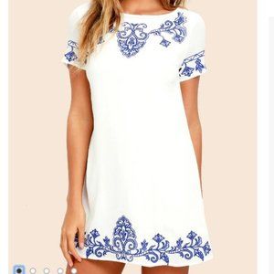 Lulus white dress with blue embroidery